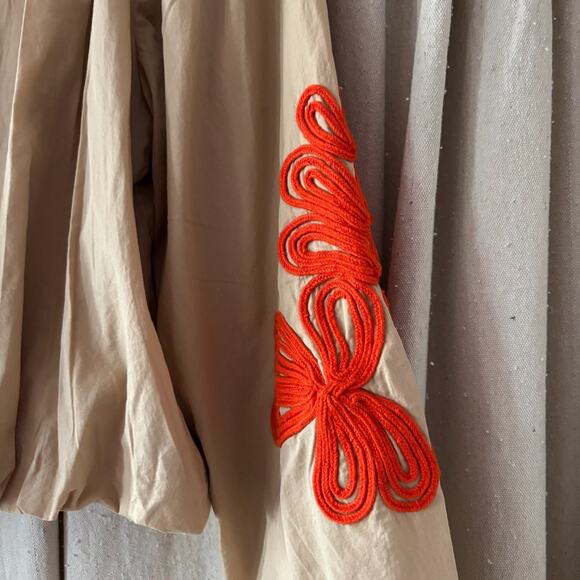 Anthropologie Neutral Tan Cotton Balloon Sleeve Cord Appliqué Boho Top NWT S - Picture 2 of 7